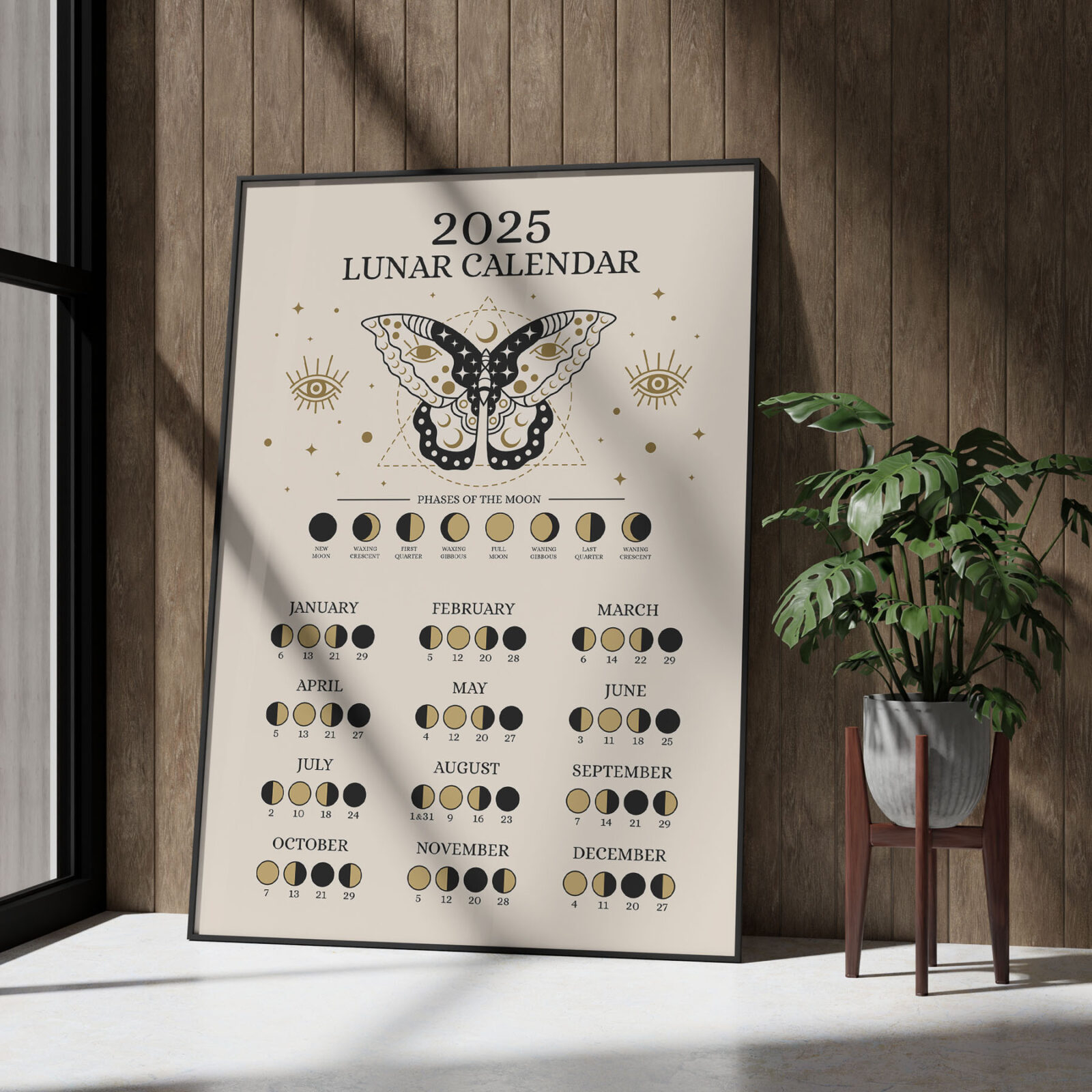 2025 Lunar Calendar Poster – Moon Phases Wall Art