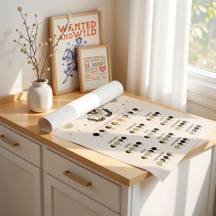 2025 Lunar Calendar Poster – Moon Phases Wall Art