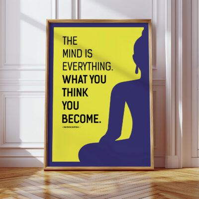 Motivational Buddha quote poster with silhouette design.