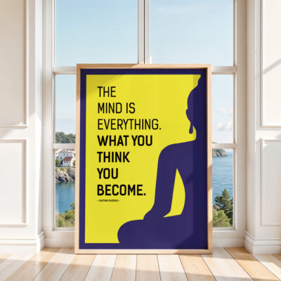 Buddha wall art with silhouette and motivational quote in sunny room.