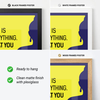Framed Buddha quote poster in black, white, and wood styles.