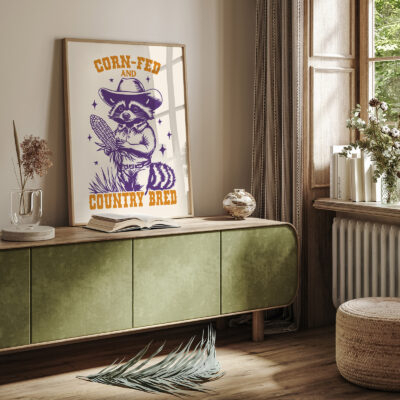 Country Raccoon Poster – Corn-Fed and Country Bred Print