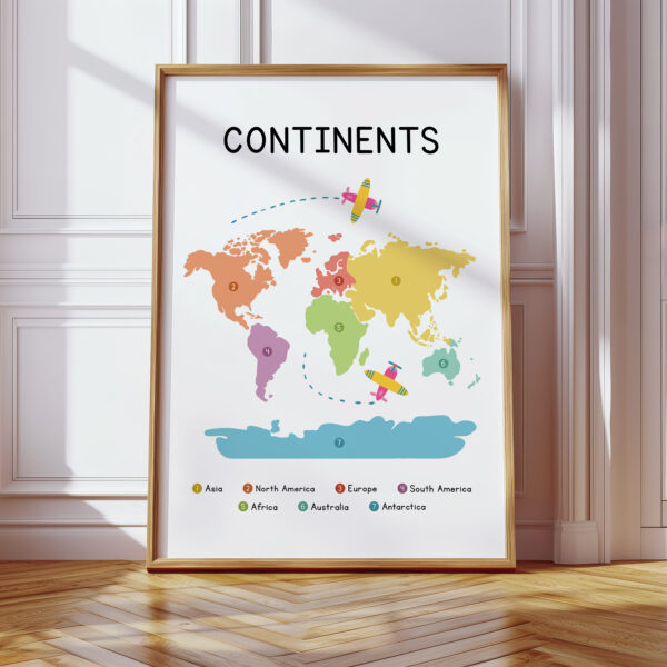 Continents Poster for Kids – Colorful World Map Print