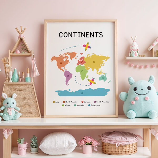 Continents Poster for Kids – Colorful World Map Print