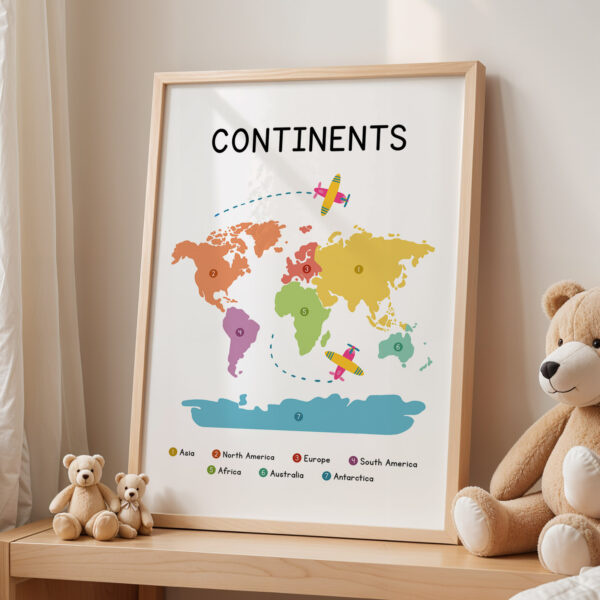 Continents Poster for Kids – Colorful World Map Print
