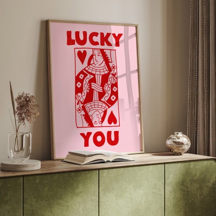 Lucky You Art Print – Playful Queen of Hearts Poster