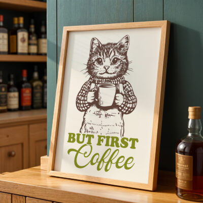 Cat Coffee Poster – But First Coffee Retro Print