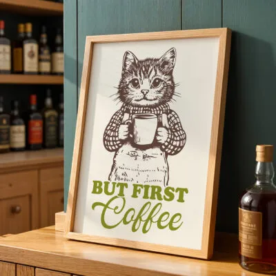 Katzen Wandbild – Erst mal Kaffee