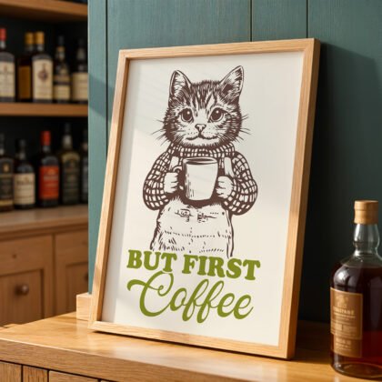 Cat Art Print – But First Coffee