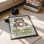 Cat Coffee Poster – But First Coffee Retro Print