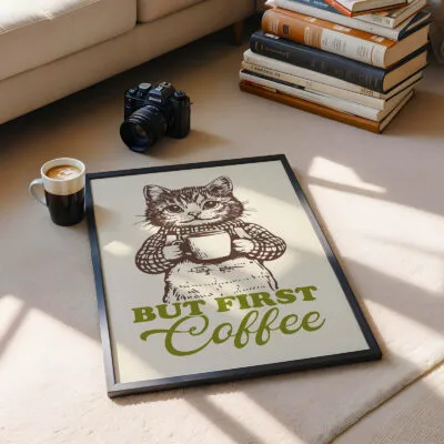 Katzen Wandbild – Erst mal Kaffee