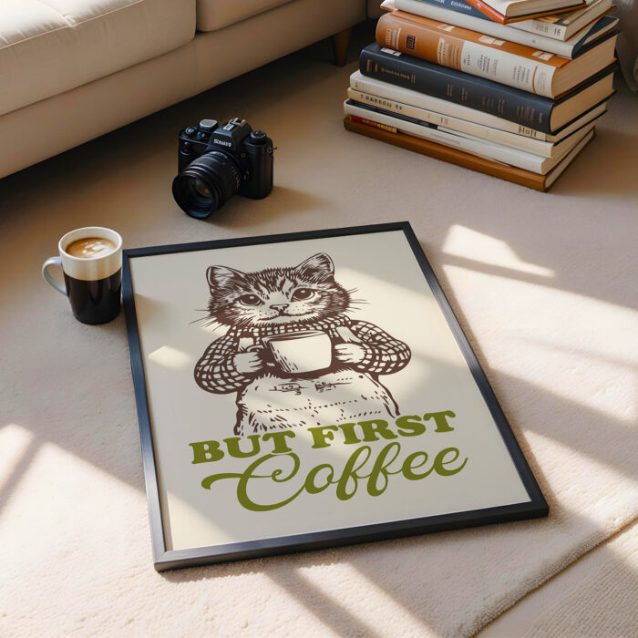 Cat Coffee Poster – But First Coffee Retro Print