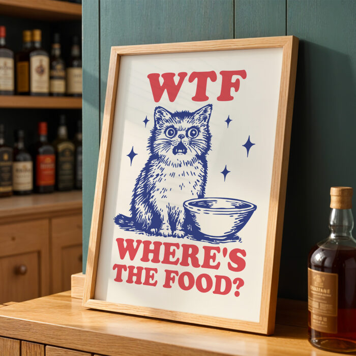 Funny Cat Poster – WTF Where’s the Food Retro Print