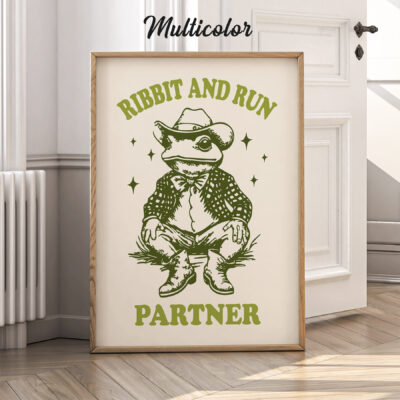 Multicolor frog poster in green ink with cowboy outfit and playful text.