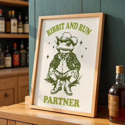 Framed frog poster displayed on a wooden surface with rustic decor.