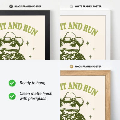 Framing options for cowboy frog poster in black, white, and wood styles.