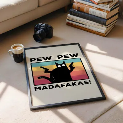 Humorvolles Wandbild mit Katze – Pew Pew Madafakas
