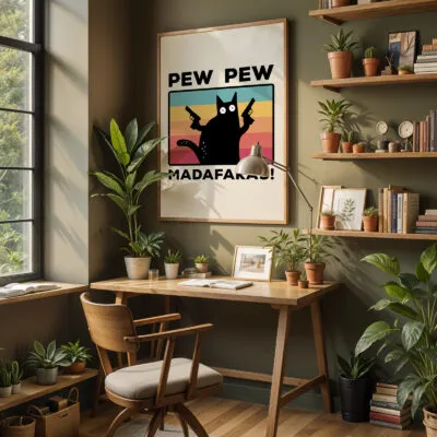 Humorvolles Wandbild mit Katze – Pew Pew Madafakas
