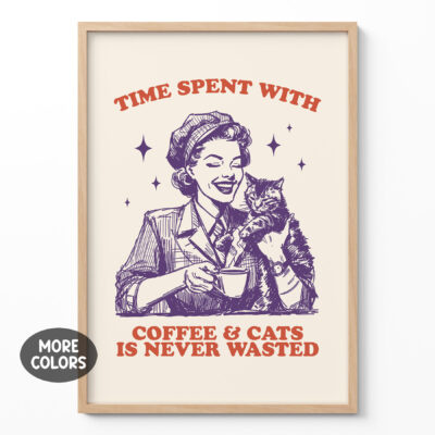 Coffee and Cat Wall Art – Retro Poster for Cat Lovers