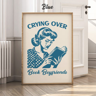 Blue version of vintage-style bookish art print with humorous message.
