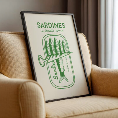 Sardine Print – Retro Green Tin Fish Kitchen Poster