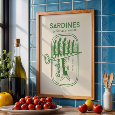 Sardine Print – Retro Green Tin Fish Kitchen Poster