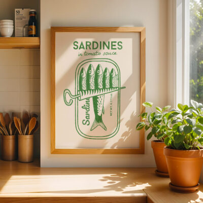 Sardine Print – Retro Green Tin Fish Kitchen Poster