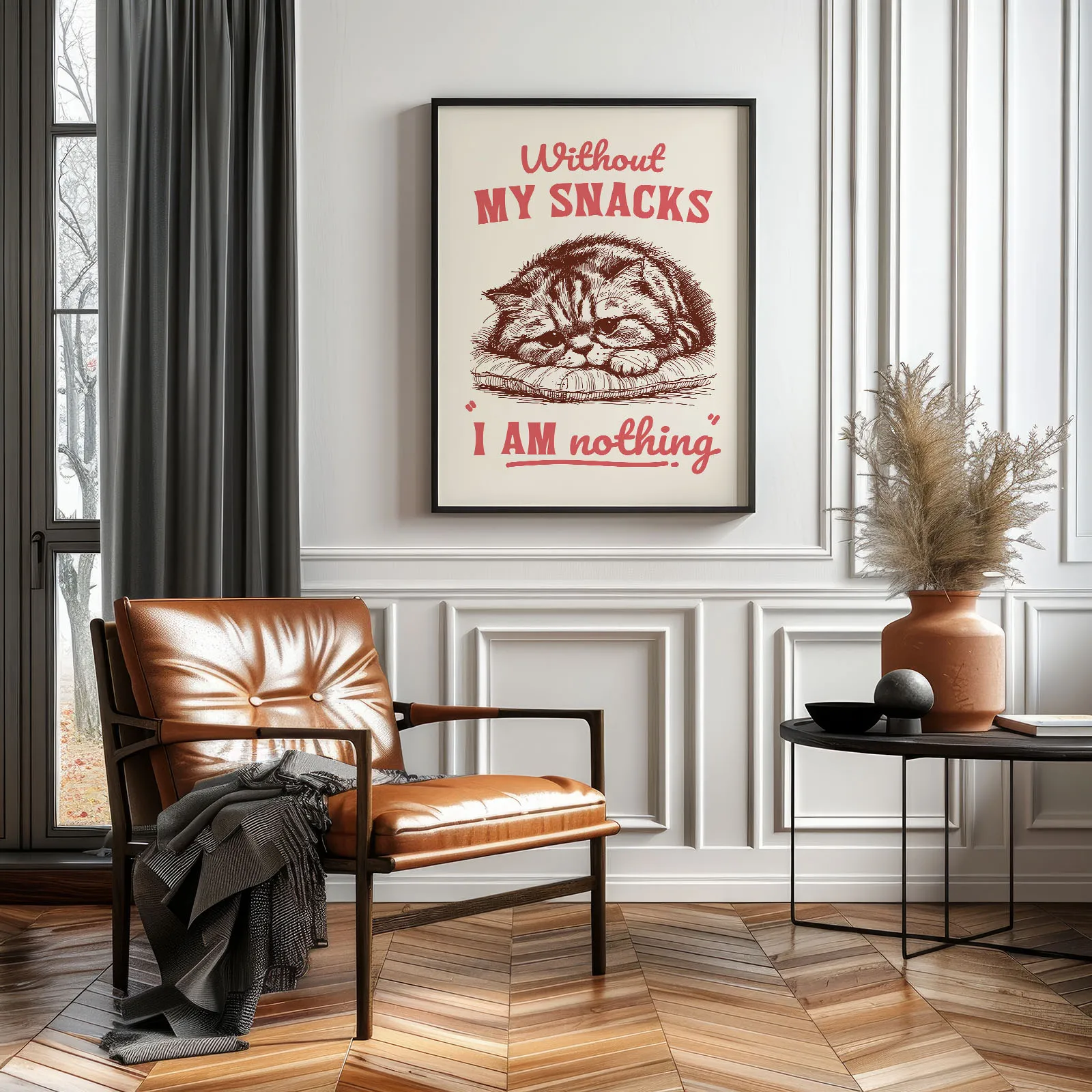 Wandbild mit Katze – Ohne Snacks bin ich nichts