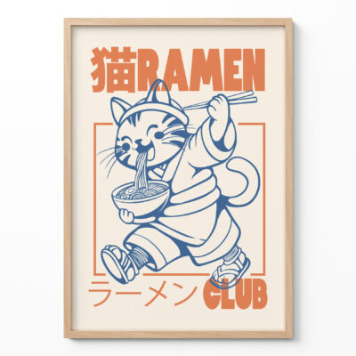 Ramen Cat Poster – Retro Japanese Noodle Art Print