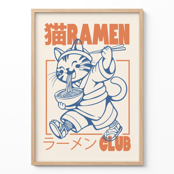 Ramen Cat Poster – Retro Japanese Noodle Art Print