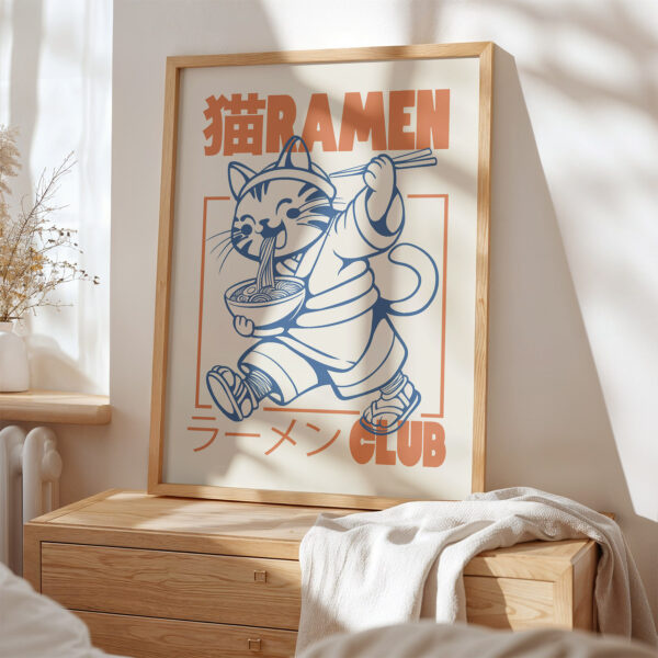 Ramen Cat Poster – Retro Japanese Noodle Art Print