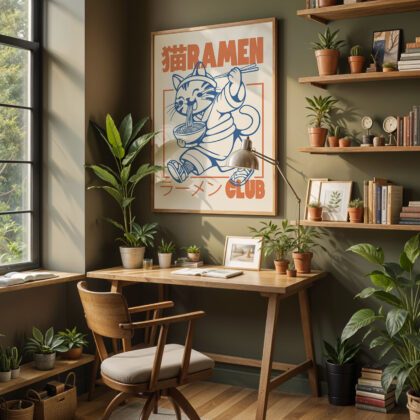 Cat with Ramen – Noodle Art Print