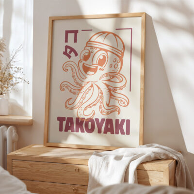 Japanese Food Poster – Retro Takoyaki Octopus Wall Art