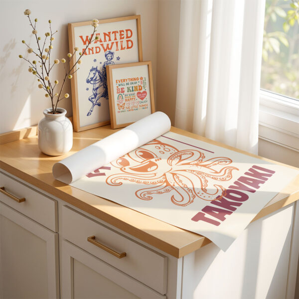 Japanese Food Poster – Retro Takoyaki Octopus Wall Art