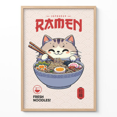 Ramen Cat Poster – Japanese Noodle Kitchen Wall Art