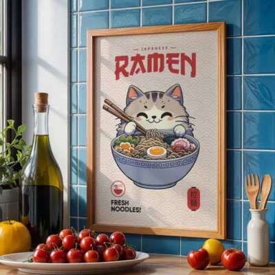Wandbild Katze mit Nudelschüssel