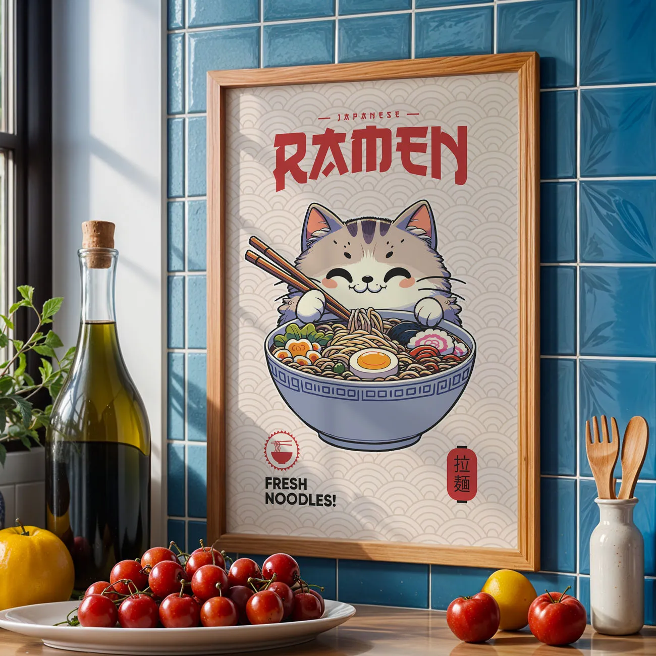 Wandbild Katze mit Nudelschüssel