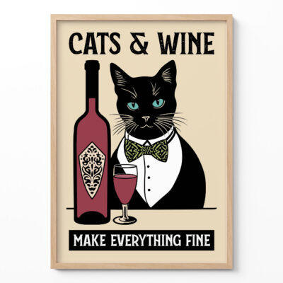 Cat Wine Poster – Retro Black Cat Kitchen Print