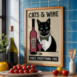 Cat Wine Poster – Retro Black Cat Kitchen Print