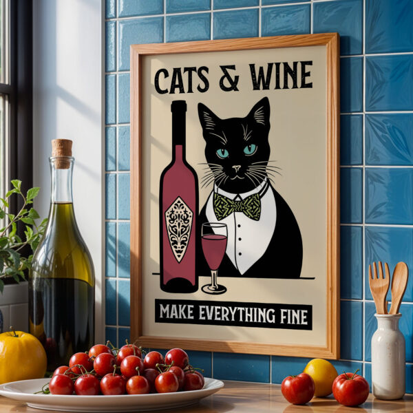 Cat Wine Poster – Retro Black Cat Kitchen Print