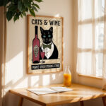 Cat Wine Poster – Retro Black Cat Kitchen Print