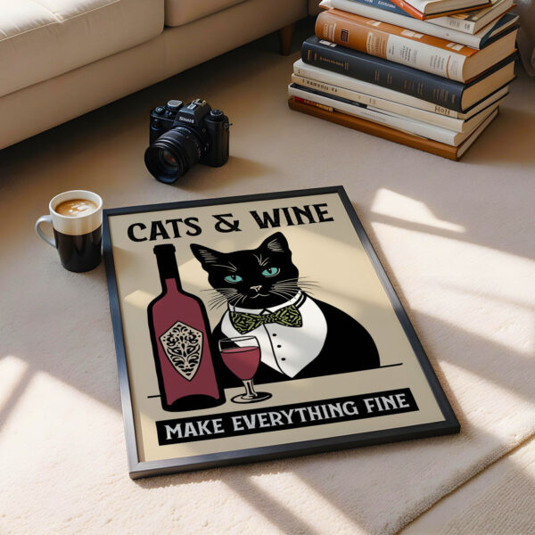 Cat Wine Poster – Retro Black Cat Kitchen Print