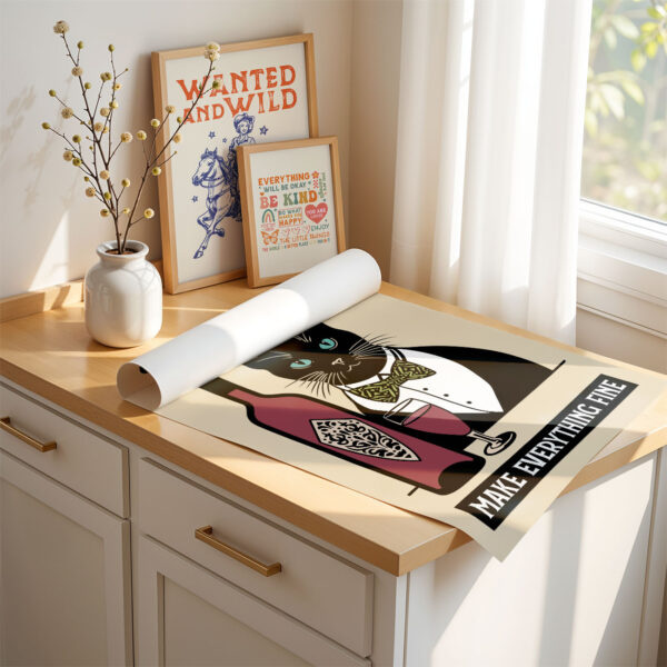 Cat Wine Poster – Retro Black Cat Kitchen Print