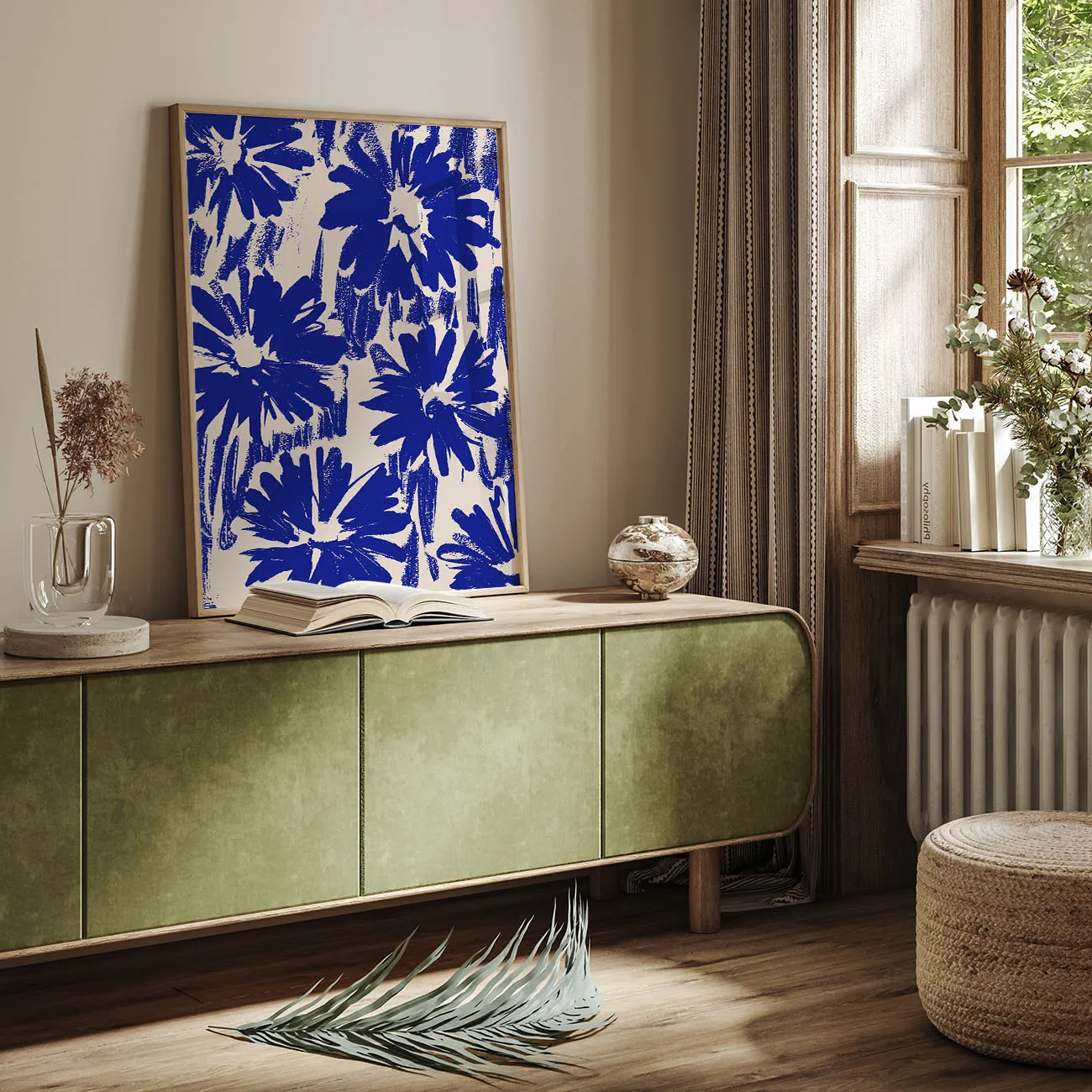 Wandbild mit abstrakten blauen Blumen
