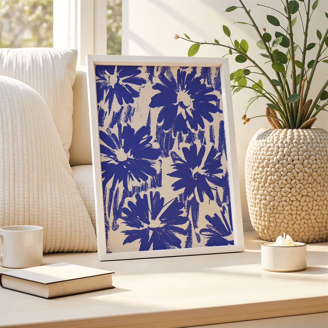 Wandbild mit abstrakten blauen Blumen