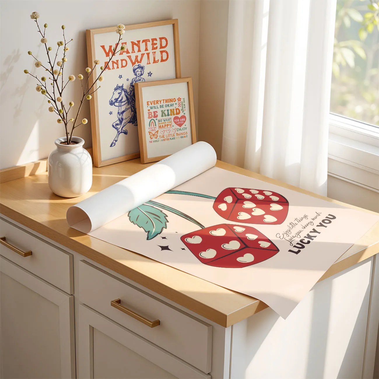 Retro Wandbild Kirschen und Würfel