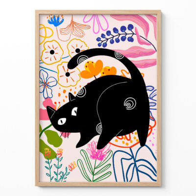 Floral Black Cat Poster – Retro Animal Art Print