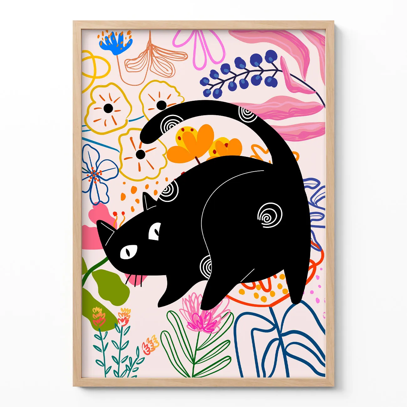 Wandbild – Schwarze Katze mit Blumen Wandbild – Schwarze Katze mit Blumen