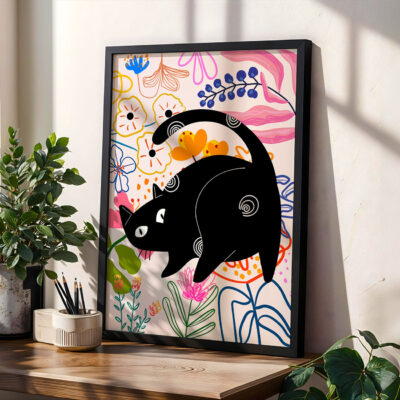 Floral Black Cat Poster – Retro Animal Art Print