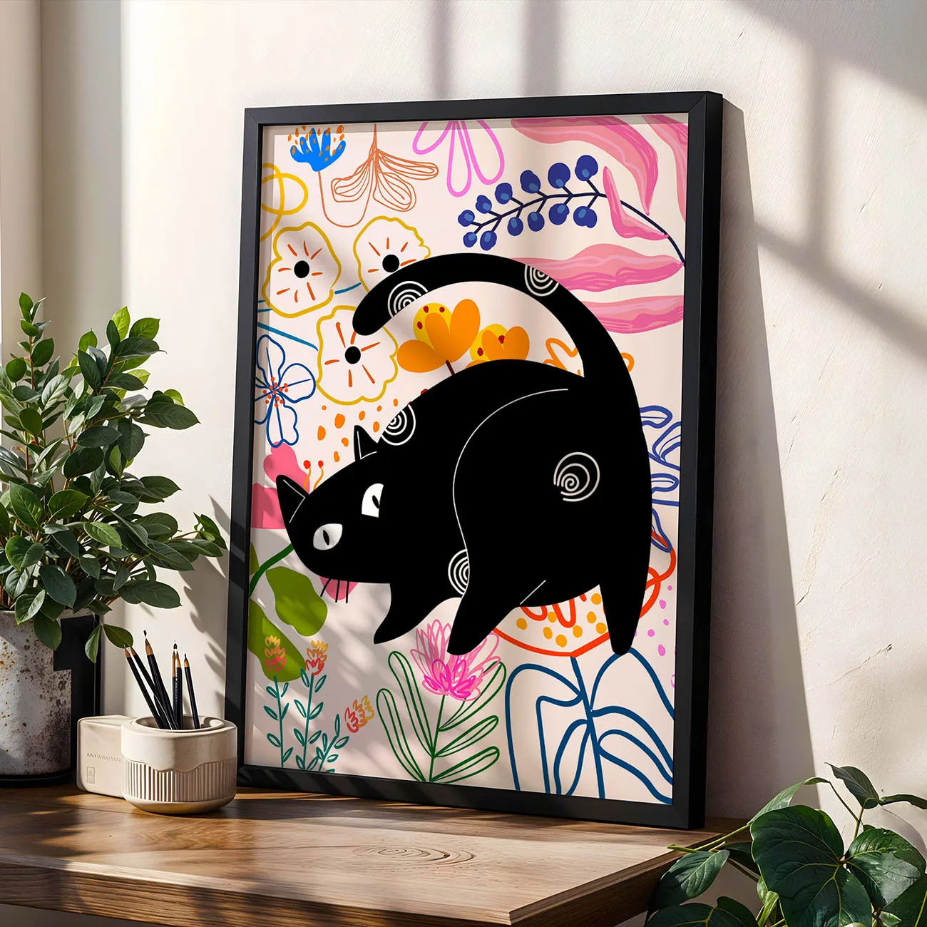 Wandbild – Schwarze Katze mit Blumen